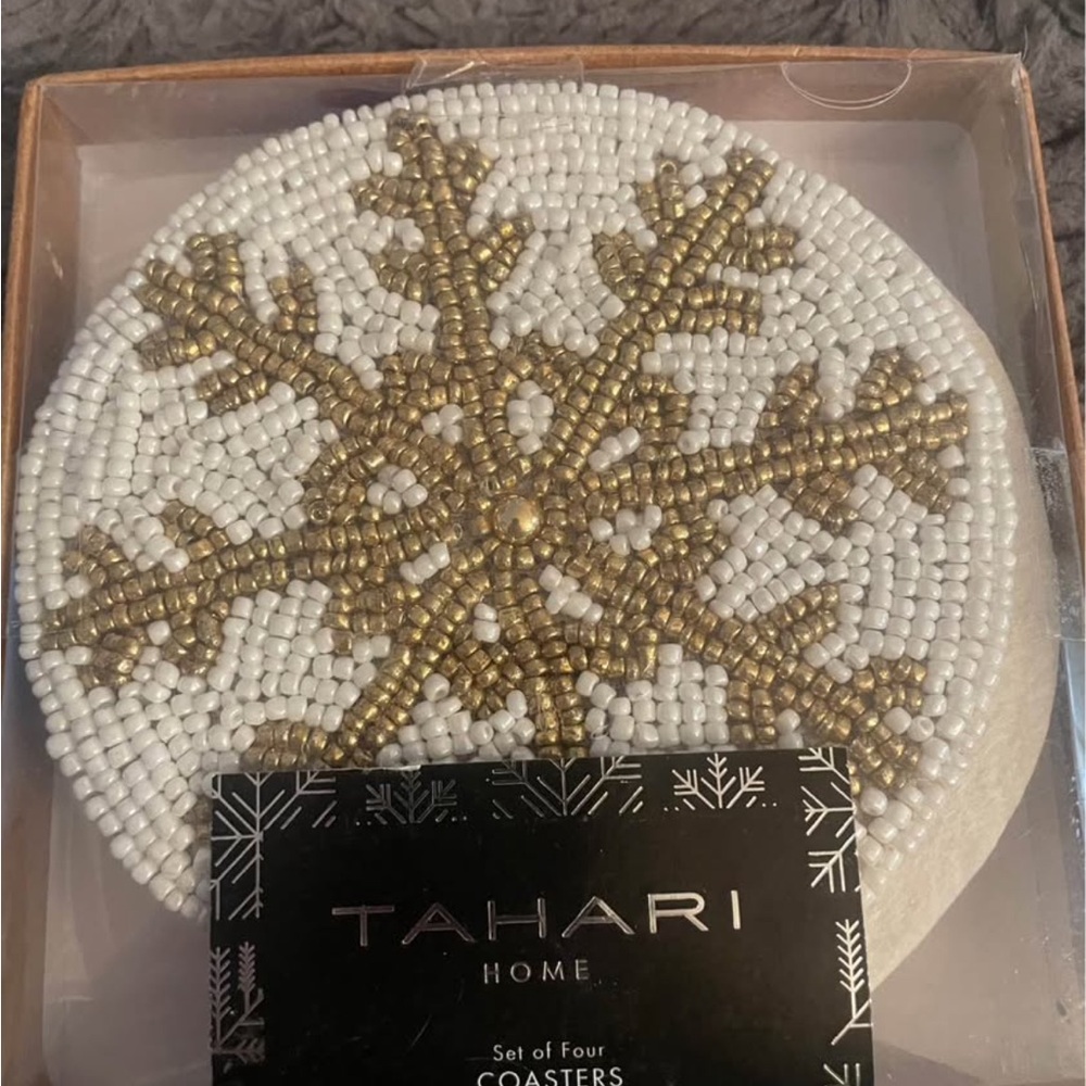 Tahari Home White and Gold Snowflake Coasters